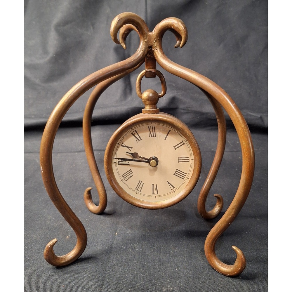 Vintage Prestige Hanging Desk Clock Antique Brass Scrolled Metal Stand Quartz